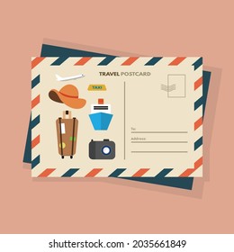 postal temática de vacaciones con algunos iconos geniales
