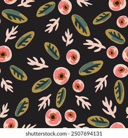 Holiday themed round florals and leaves in a color palette of red, pink, white and green on a black background. Christmas seamless vector pattern. Great for home decor, fabric, wallpaper, giftwrap.