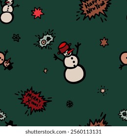 Holiday themed seamless design featuring cheerful snowmen in top hats and pots, with festive greetings, snowflakes and stars on a vibrant green canvas