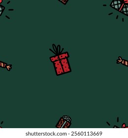 Holiday themed seamless design featuring stylishly wrapped presents, ribbons, bows and festive crackers with ample space on a dark green canvas