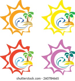 Holiday themed symbol pattern: island with a palm tree surrounded by waves on a sunset/sunrise background, vector illustration isolated on white