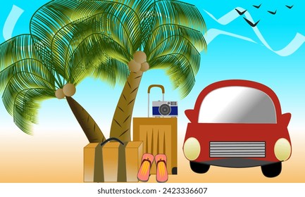 Holiday themed. Vector illustration of a red car, tote bag, suitcase, sandals and camera under a coconut tree on a bright blue sky background