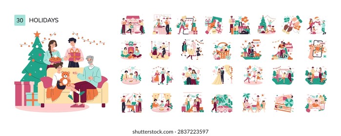 Holiday themed vector illustration set with family celebrating Christmas, exchanging gifts, relaxing at home, shopping, dining, traveling, and enjoying seasonal events and parties