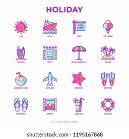Holiday thin line icons set: sun, yacht, ice cream, surfing, hotel, beach umbrella, island, coconut drink, airplane, starfish, photo, lifebuoy. Modern vector illustration.