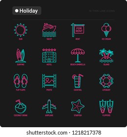 Holiday thin line icons set: sun, yacht, ice cream, surfing, hotel, beach umbrella, island, coconut drink, airplane, starfish, photo, lifebuoy. Modern vector illustration.