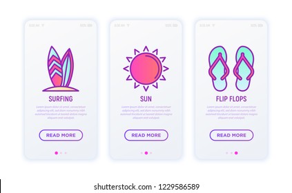 Holiday thin line icons set: sun, surfing, hotel, flip flops. Vector illustration for user mobile interface.