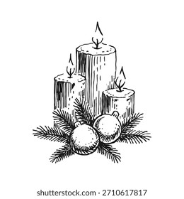 Holiday three candles and  pine branches, christmas baubles for festive decorations.