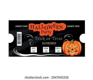 Holiday ticket. Pumpkin. Invitation. Black background. Headstone. Row. A place. Sector. October 31. Autumn. Costume. Stock Vector Illustration.  Trick or treat. Admit one. Coupon. Barcode. Halloween.