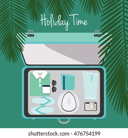 Holiday time vector. Open suitcase with summer clothes.