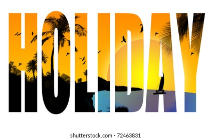 Holiday title with a tropical scene in the background, vector illustration