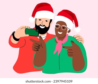 Woman and man taking selfie, cartoon style vector illustration. Christmas holiday together. Have fun embrace enjoy New Year party or celebration. Vector illustration.