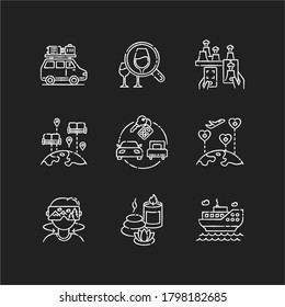 Holiday tourism chalk white icons set on black background. Vacation adventures and recreational activities. Luxury package tours services and budget travel. Isolated vector chalkboard illustrations