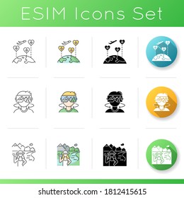 Holiday tourism icons set. Linear, black and RGB color styles. Vacation adventures and recreational activities. Health journey, virtual trip simulation and insta tourism. Isolated vector illustrations