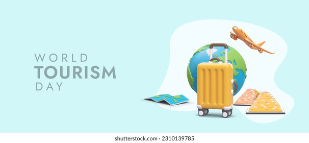 Holiday of tourists. World Travel Day. Advertising template for travel business website. Place for special holiday offer. Bonuses for regular customers