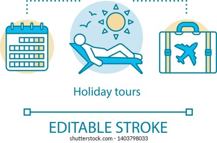 Holiday tours concept icon. Traveling idea thin line illustration. Beach rest. City tours. Excursion and sightseeing. Vacation destinations. Vector isolated outline drawing. Editable stroke