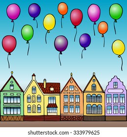 Holiday in town. Vector illustration of hand drawn houses and balloons for invitation, posters, greeting cards, annunciations