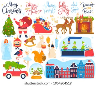 Holiday toys, merry christmas, santa character, colorful set winter elements, cartoon style vector illustration, isolated on white