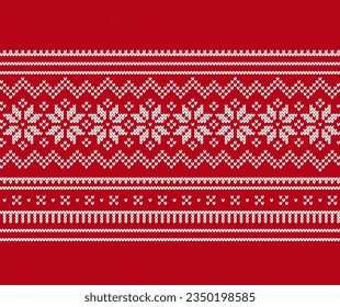 Feiertags traditionelles Weihnachtsmuster. Weihnachtswinterstrick nahtlos bedruckt. Rote Pullover-Textur. Geometrischer Hintergrund mit Schneeflocken. Wollpullover-Ornament. Festlicher Häkchen. Vektorgrafik