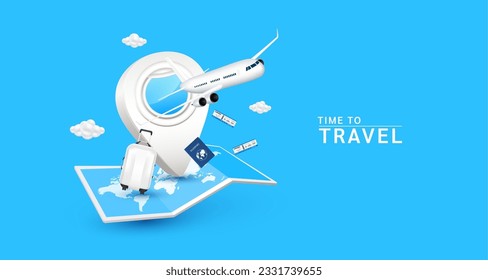 Viajes de vacaciones. La ventana del avión en posición de alfiler blanco con maleta o maleta. El avión despega con pasaje aéreo y pasaporte en un mapa del mundo. Para el diseño publicitario de turismo de medios. Vector