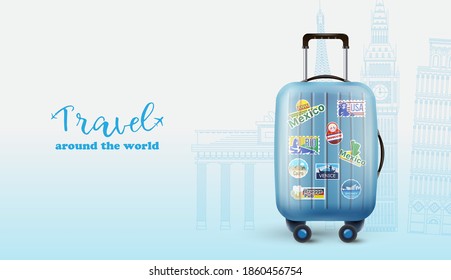 Holiday travel around the world poster with rolling suitcase. Baggage with landmark building silhouettes on background. Vacation journey vector illustration