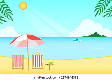 Holiday and travel with calm sea and beautiful beach to relax in tropical summer season, Background image of sea and beach with coconut drink and relaxing with beautiful nature of tourist in vacation.