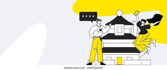 Holiday travel travel characters internet background vector hand drawn illustration
