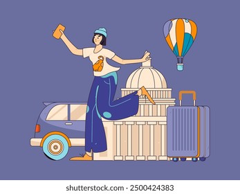 Holiday travel travel characters internet background vector hand drawn illustration
