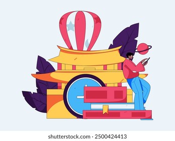 Holiday travel travel characters internet background vector hand drawn illustration
