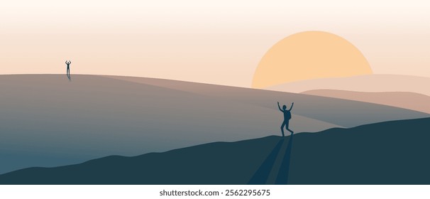 holiday travel concept, sunset dessert landscape, two happy man waving hand, adventure outdoor poster banner. carefree, friends - friendship, interior wall vector decoration