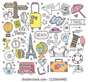 Holiday travel doodle set vector illustration