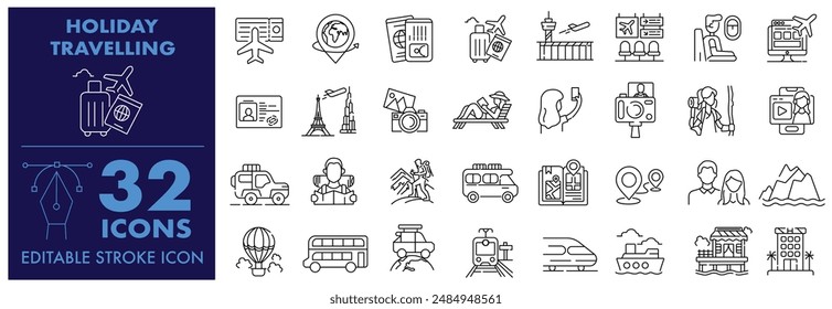 Holiday Travel Editable Stroke icon sets. Included icons Tourist, traveller, vacation and more