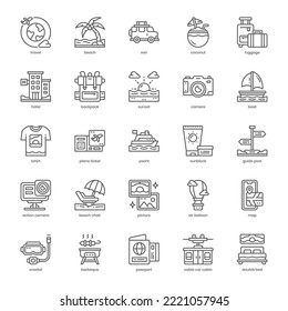 Holiday And Travel Icon Pack For Your Website Design, Logo, App, And User Interface. Holiday And Travel Icon Outline Design. Vector Graphics Illustration And Editable Stroke.