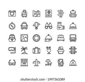 Holiday and travel icon set with outline style