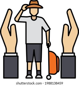 Holiday and Travel Insurance Concept Vector Color Icon Design, Financial loss Protection Symbol, Risk management Sign, Person with Lugagge and Protected with Human Hand Stock Illustration