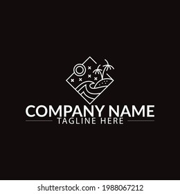 holiday travel logo vector. Palm Beach Logo Template, Water ocean waves with sun, palm tree and beach, for restaurant and hoteling. Palm Beach logo is fully customizable