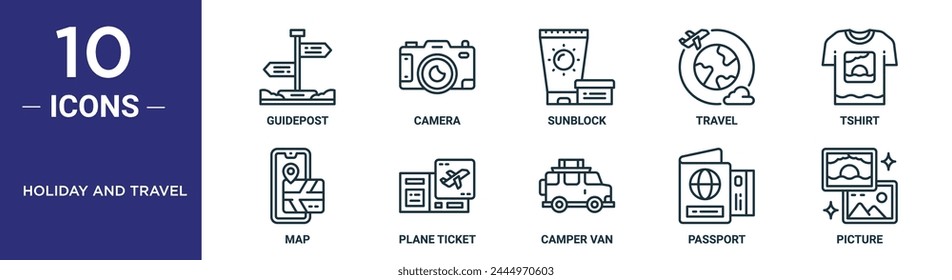 holiday and travel outline icon set includes thin line guidepost, camera, sunblock, travel, tshirt, map, plane ticket icons for report, presentation, diagram, web design