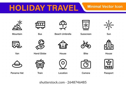 Holiday Travel outline icons set. Travel, hotel, holiday, tourism, beach, plane, map, agent and insurance. Booking, reservation, room, airport, accommodation.