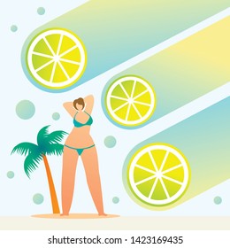 Holiday Travel Poster Beautiful Fresh Summer Tan. Colorful Lemon Slices as Suns Rays are Sent to Woman in Swimsuit. Girl Bikini Sunbathes Under Palm Tree. Vector Illustration Cartoon.