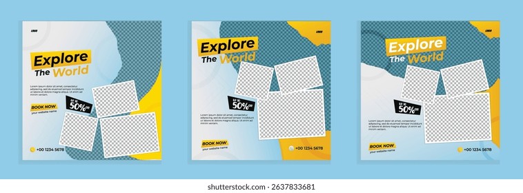 Holiday Travel promotion web banner template design for social media. Travel tourism business marketing promotion banner, flyer, post or poster with abstract graphic backgroun logo and icon.