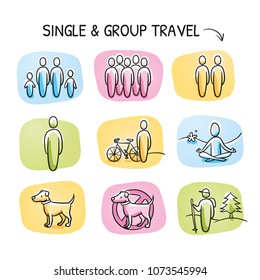 Holiday travel set with icons for group, single, couple, family, hiking, oder bike touring trips. Pet allowed or not. Hand drawn cartoon sketch vector illustration, marker style coloring on tiles