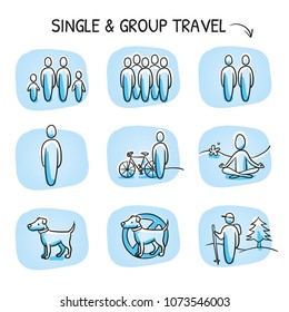 Holiday travel set with icons for group, single, couple, family, hiking, oder bike touring trips. Pet allowed or not. Hand drawn cartoon sketch vector illustration, marker style coloring on blue tiles