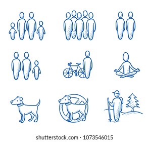 Holiday Travel Set With Icons For Group, Single, Couple, Family, Hiking, Oder Bike Touring Trips. Pet Allowed Or Not. Hand Drawn Doodle Vector Illustration.