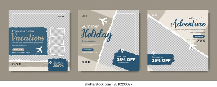  Holiday Travel Social Media Banner Template Design. Travelling, Tour Or Tourism Business Online Marketing Web Post Or Poster. Summer Beach Traveling Flyer With Logo, Icon, Abstract Vector Background.