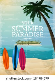 Holiday travel surfing print, tropical paradise island ocean beach vector illustration