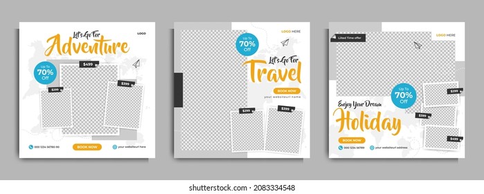 Holiday travel, traveling or summer beach travelling social media post or web banner template design. Tourism business marketing flyer or poster with abstract digital background, logo and icon.