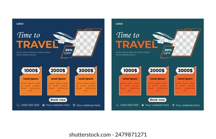 Holiday travel, traveling or summer beach travelling social media post or web banner template design. Travel flyer or poster design template. Editable tour poster template for agency.