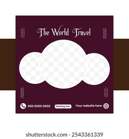 Holiday travel, traveling or summer beach travelling social media post or web banner template design. Tourism business marketing flyer or poster with abstract digital background, logo and icon.