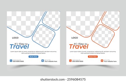 Holiday travel, traveling or summer beach travelling social media post or web banner template design. Tourism business marketing flyer or poster with abstract digital background, logo and icon.