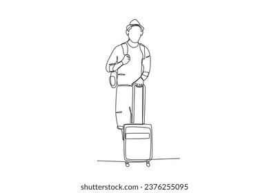 A holiday traveler carries a backpack and suitcase. Staycation one-line drawing