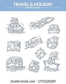 Holiday and traveling doodle icons set, Trendy and lovely hand drawn style isolated on white background